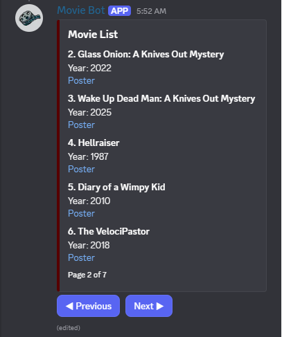 The second page of the movie list showing the next 5 movies