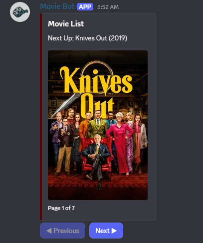 The first page of the movie list showing the next movie